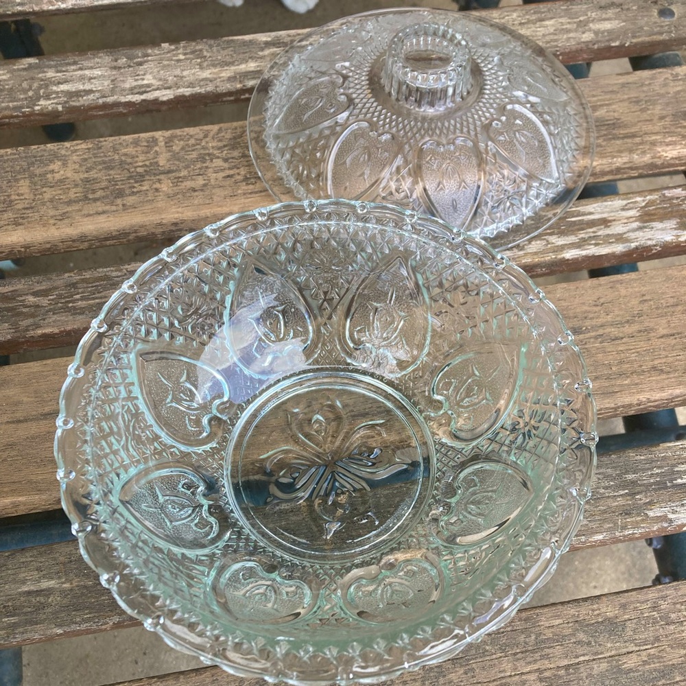 Vintage Pasari Hearts Glass Candy Dish Bowl with Lid Indonesia